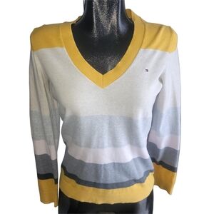 Tommy Hilfiger Women's Colorful Striped V-Neck Preppy Sweater M